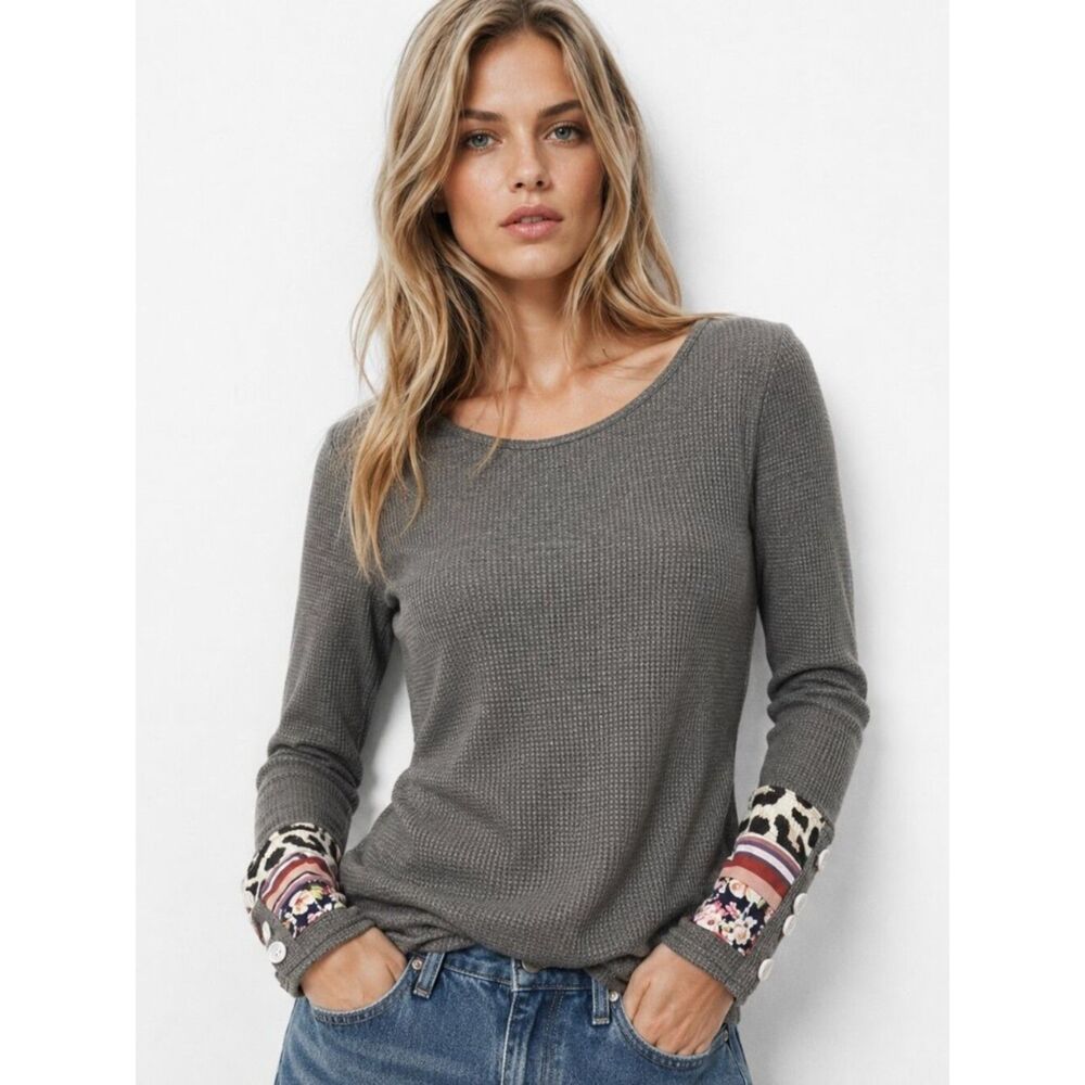Boutique Gray Thermal Top Leopard Floral Cuff Mixed Print Long Sleeve S